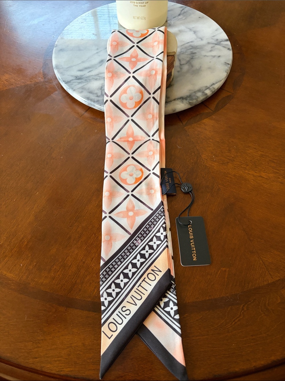 Louis Vuitton Peach and Black Monogram Silk Twilly